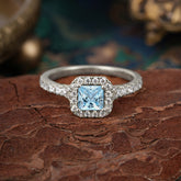 Princess Cut Aquamarine Engagement Ring Halo Half Eternity Pave Band
